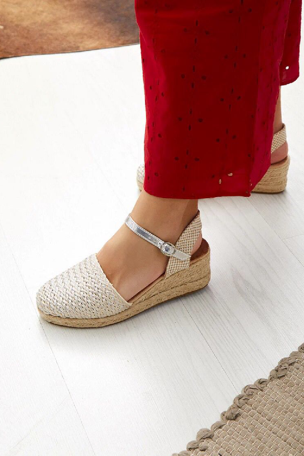 SILVER ANKLE STRAP RAFFIA DETAIL ESPADRILLE WEDGE SANDAL