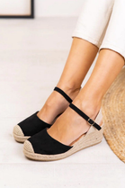 BLACK ANKLE STRAP RAFFIA WEDGE ESPADRILLE SANDAL