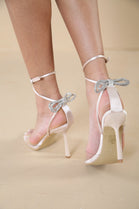 Champagne Satin High Heel Sandals With Diamante Bow & Ankle Strap