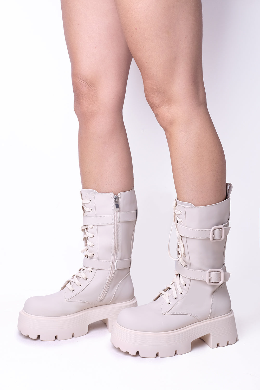 Cream PU Chunky Chelsea Ankle Boots With Front Lace Up & Side Zip