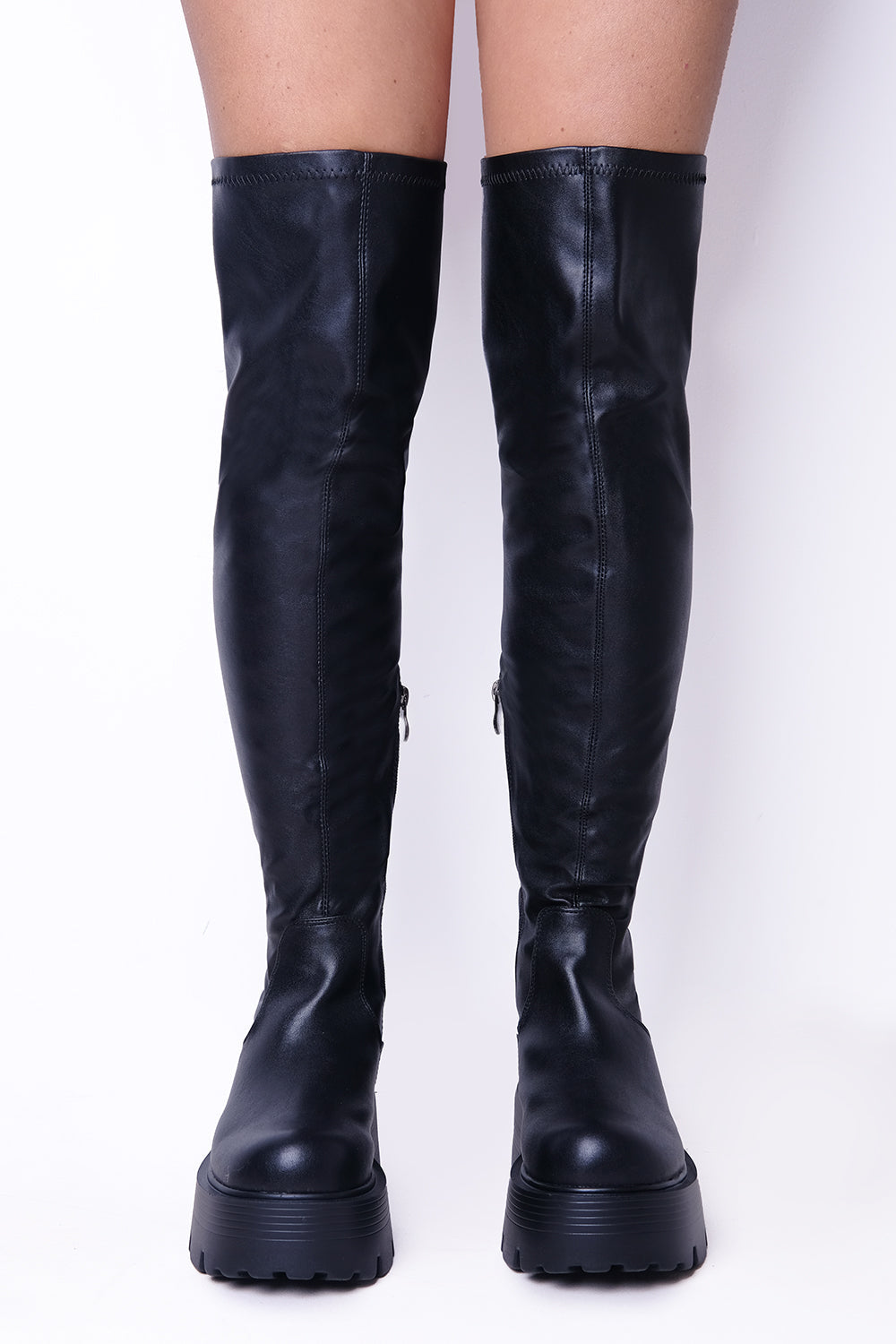 Black PU Chunky Chelsea Calf High Boots With Side Zip