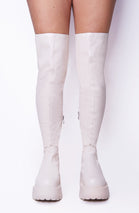 Cream PU Chunky Chelsea Calf High Boots With Side Zip