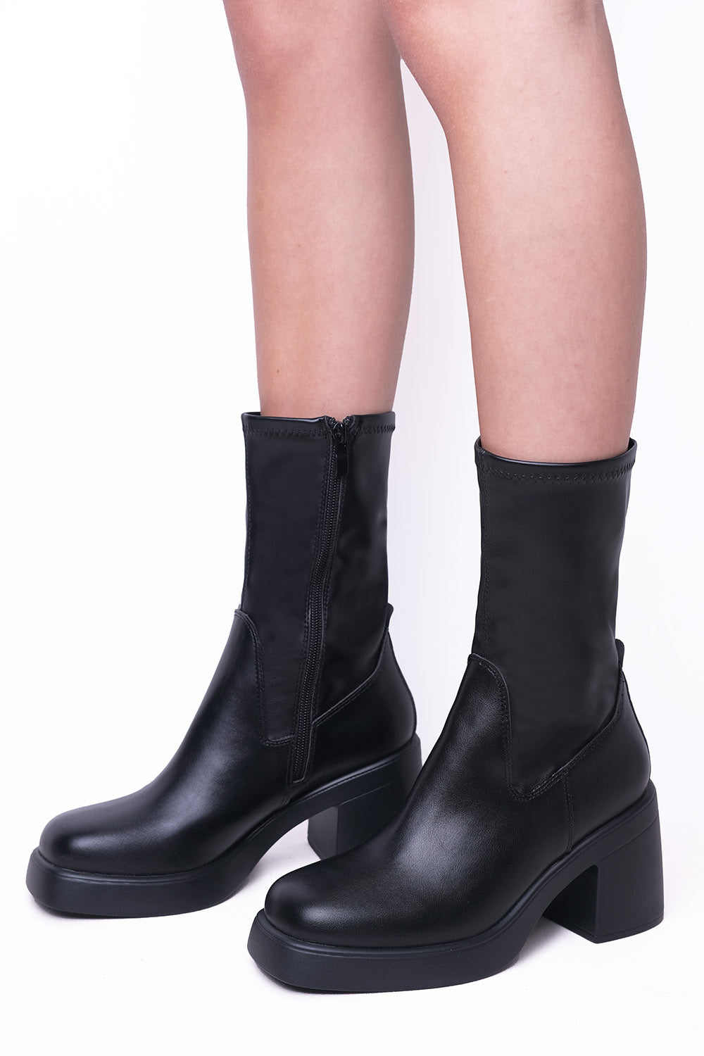 Black PU Chunky Black Heel Ankle Boots With Side Zip