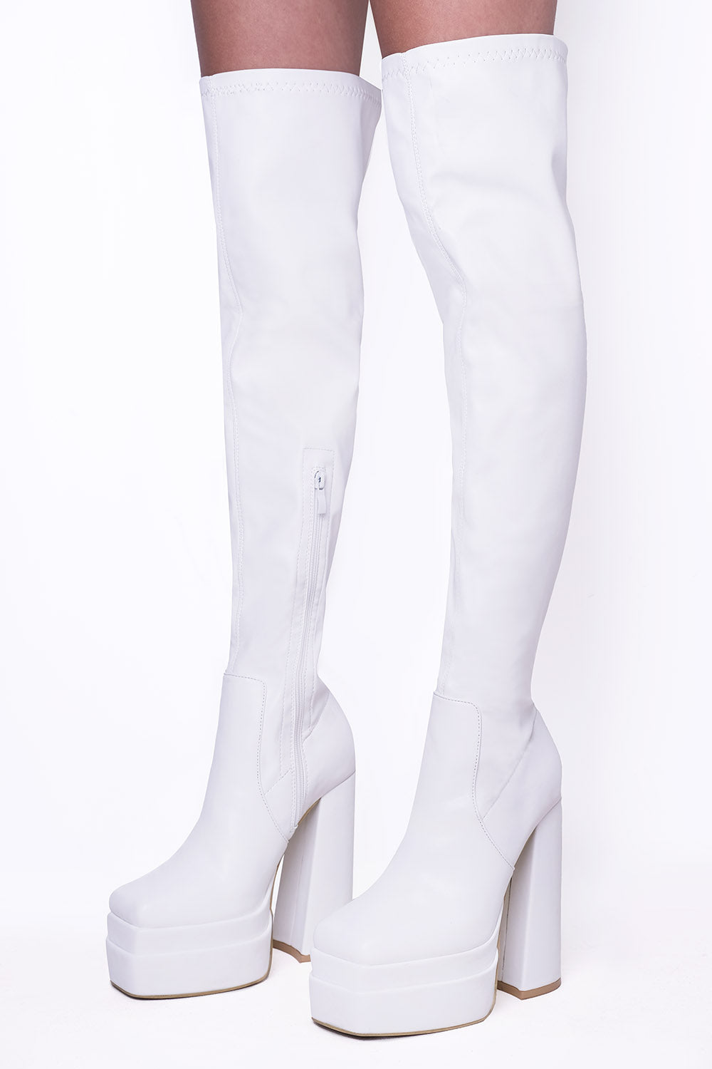 White PU Square Toe Block Heel Calf High Stretch Boots