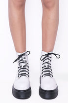 White Chunky Platform Ankle Boots With Front Lace Up