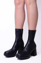 Black PU Block Heel Ankle High Stretch Boots