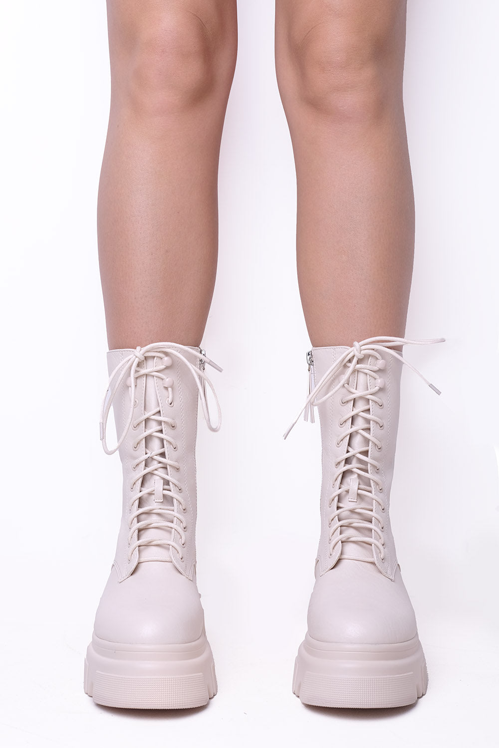 Cream PU Chunky Cleated Sole Ankle Boots With Front Lace