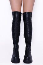 Black PU Chunky Chelsea Calf High Boots With Side Zip