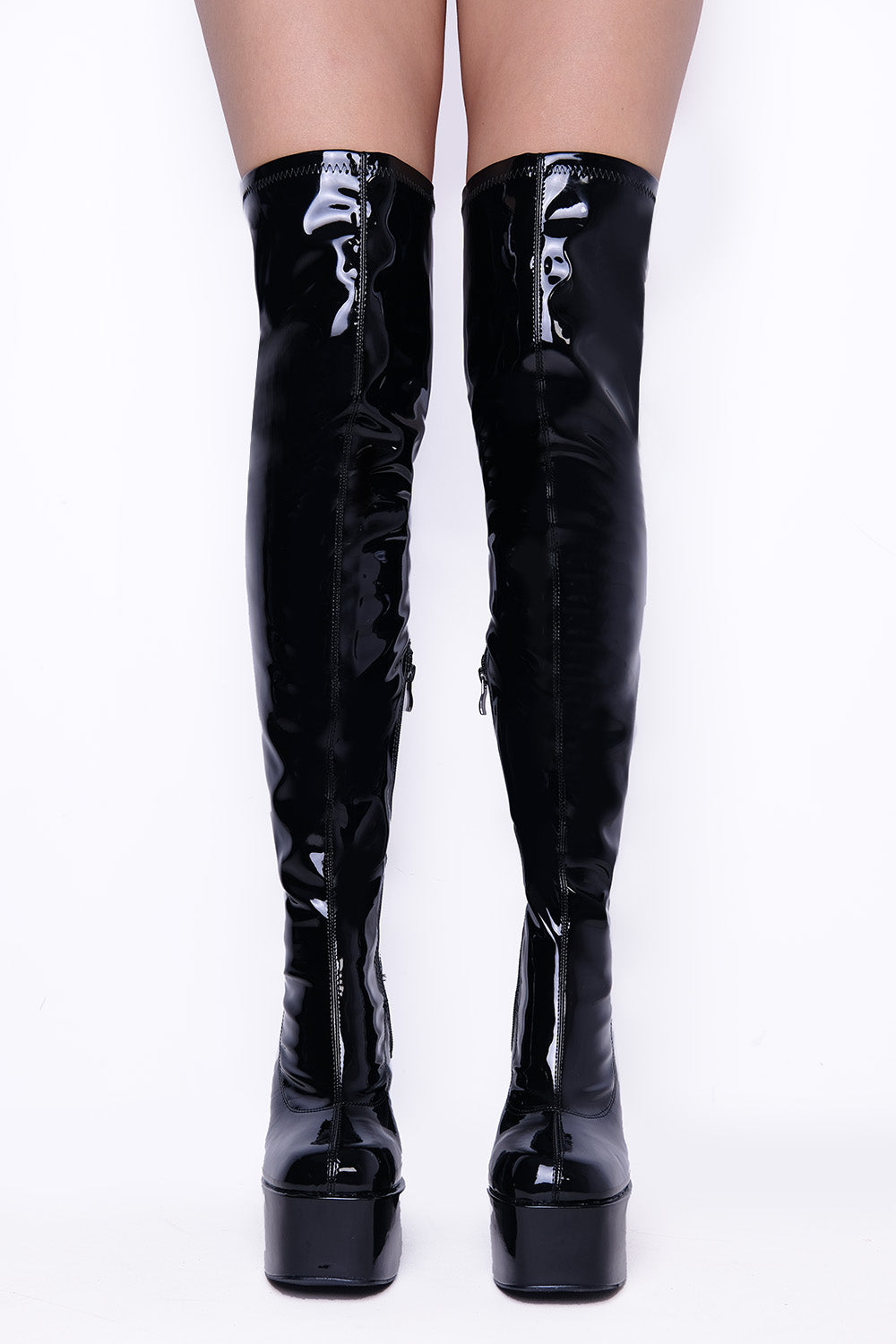 Black Patent Block Heel Knee High Boots With Square Toe