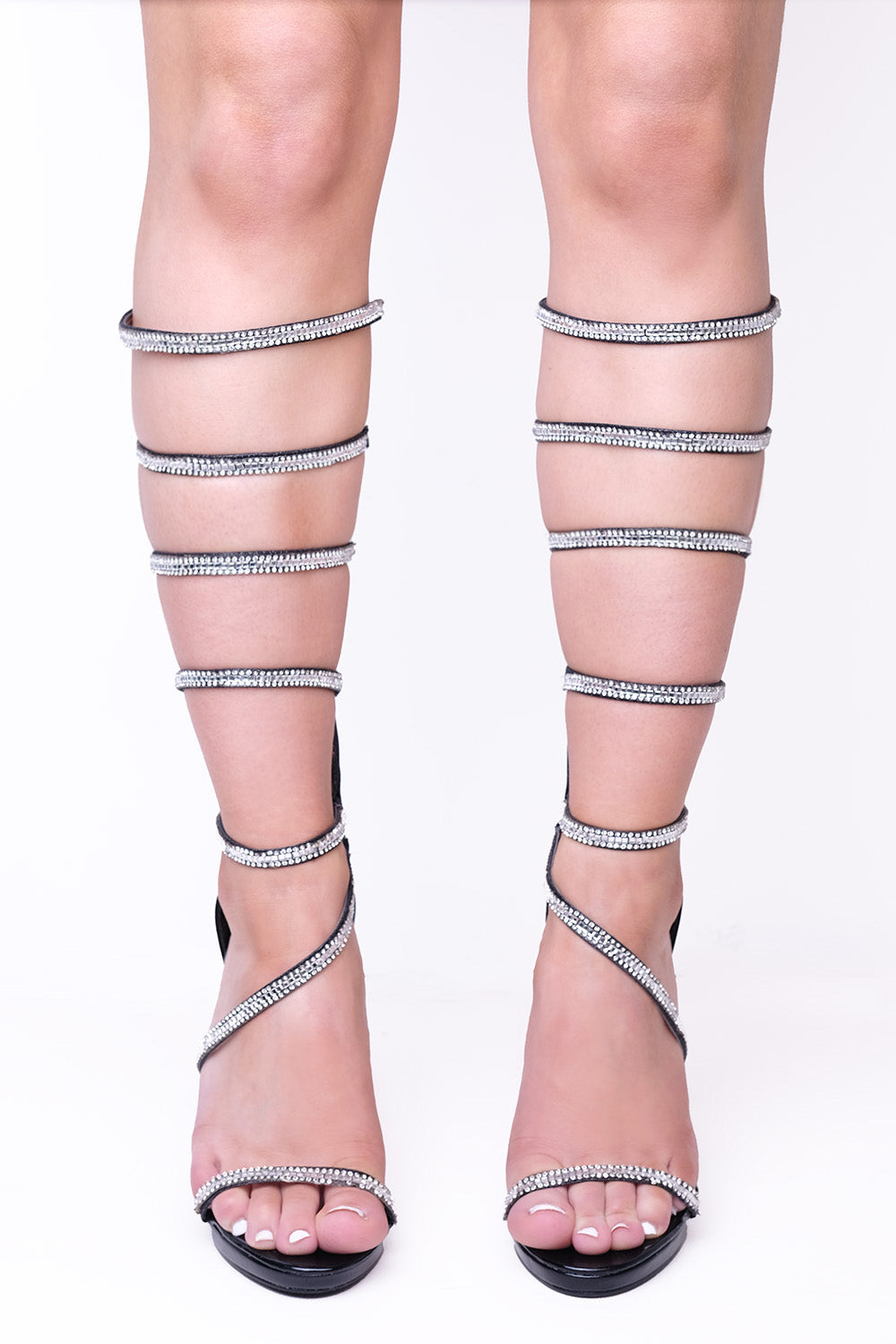 Black Metallic Strappy High Heel Sandals With Mirror Diamante Detail