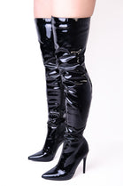 Black Stiletto High Heeled Tigh High Boots with Pointed Toe & Side Zip