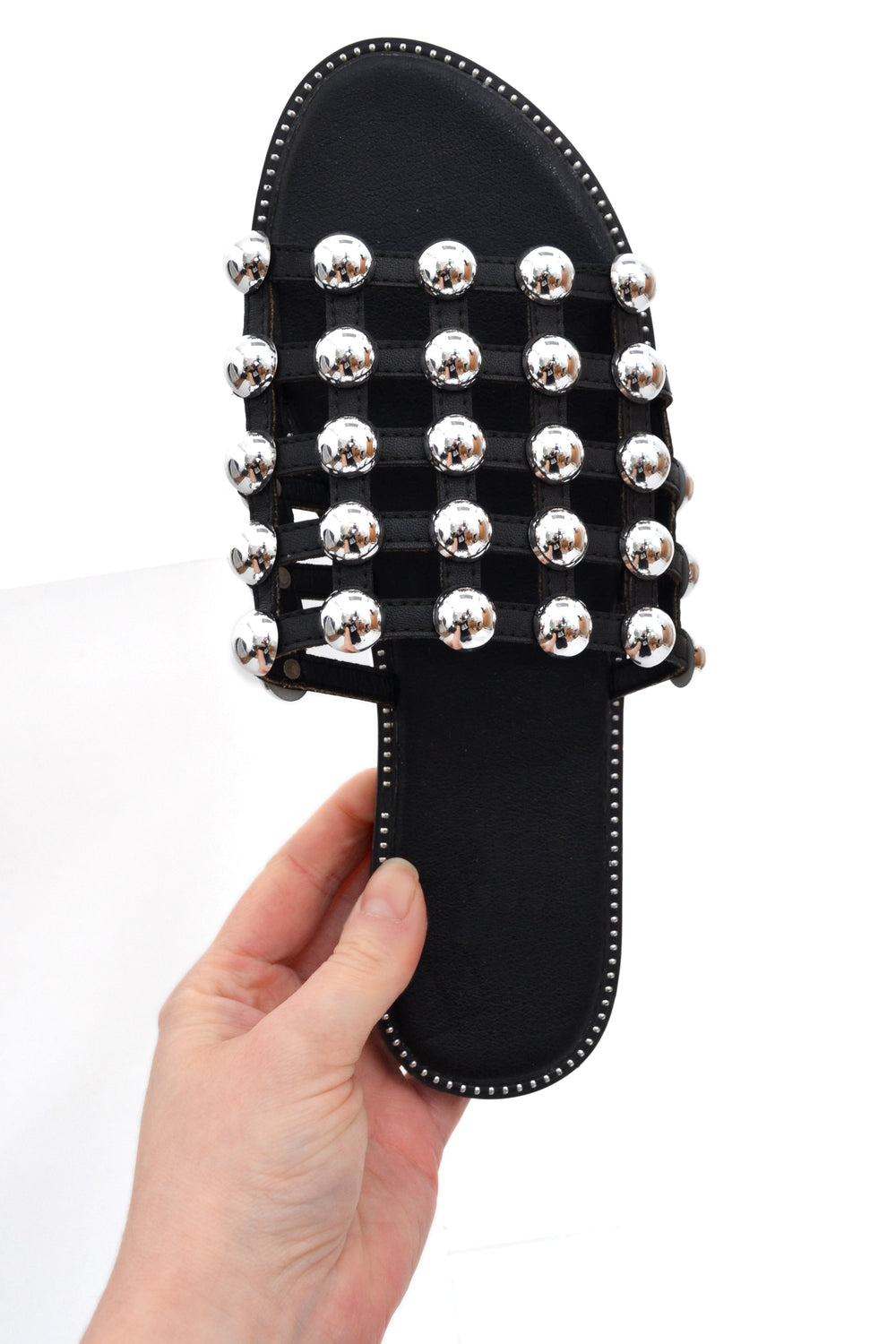 Black PU Studded Caged Slider Sandals