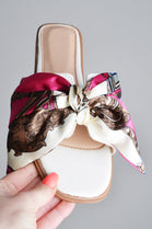 White Patent Scarf Print Bow Slider Sandals