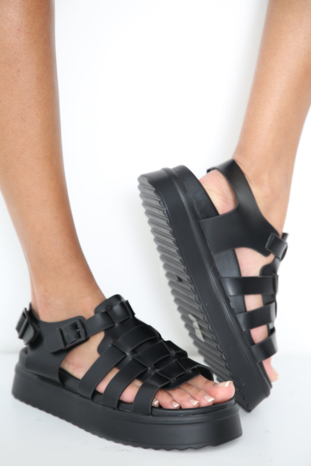 Black Flatform Chunky Sole Gladiator Strappy Sandals