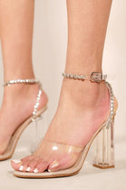 Nude Patent Perspex Block Heel Sandals Diamante Ankle Strap