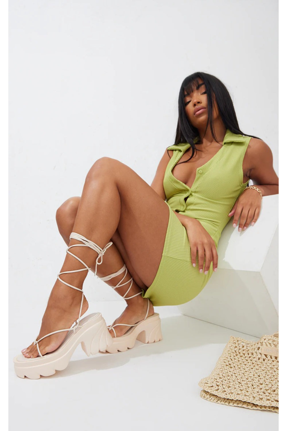 Cream Strappy Sandal With Tow Thong & Leg Tie