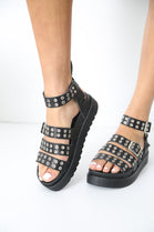 Black PU Flatform Sandals with Ankle Strap & Eyelet Detail