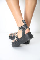 Black PU Flatform Sandals with Ankle Strap & Eyelet Detail