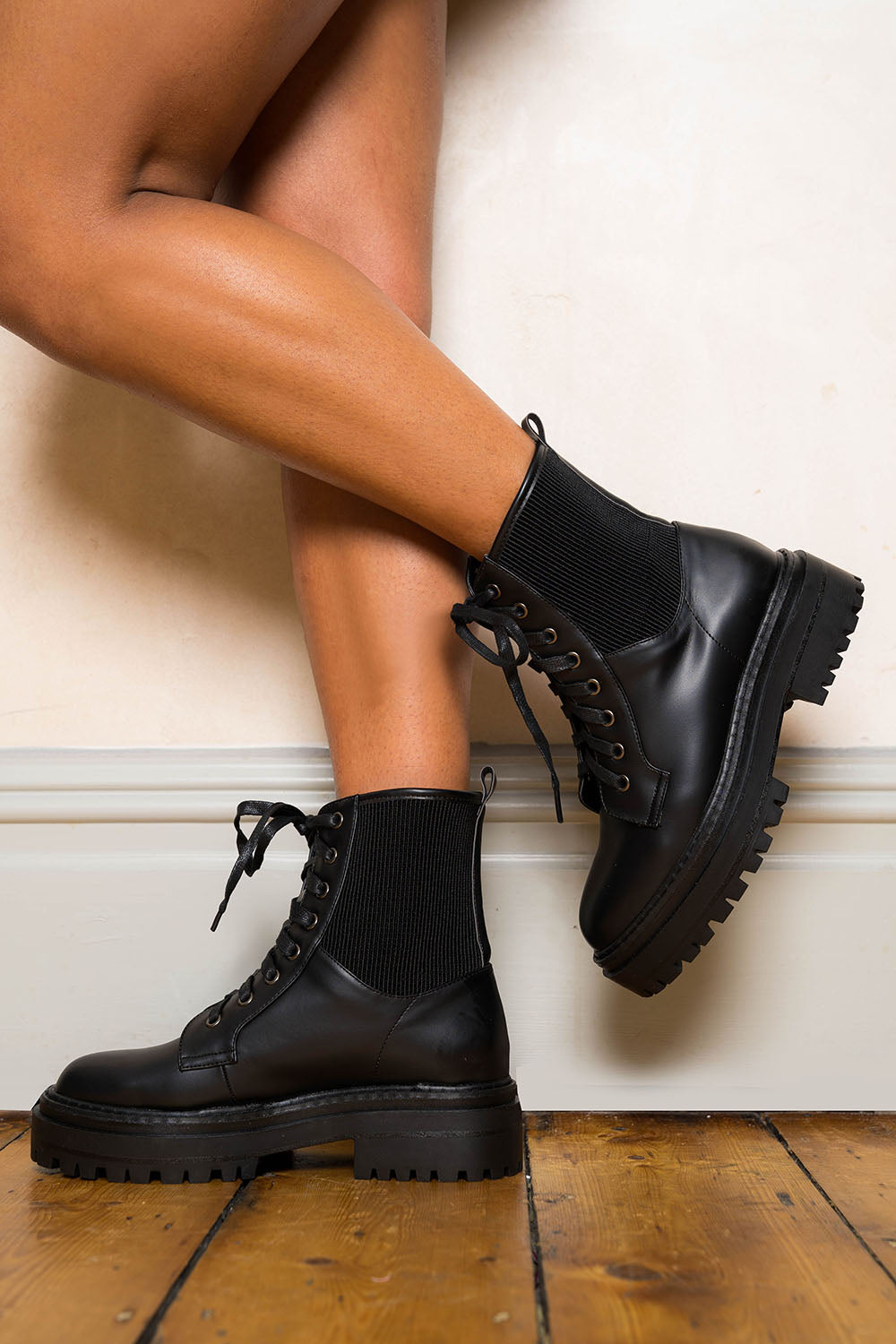 Black PU Ribbed Panel Lace Up Ankle Boots