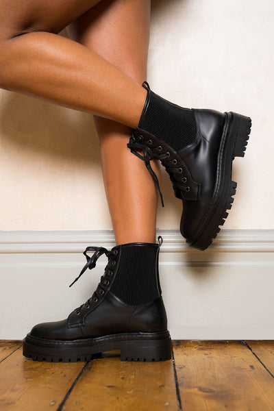Black PU Ribbed Panel Lace Up Ankle Boots – ARRK FASHION