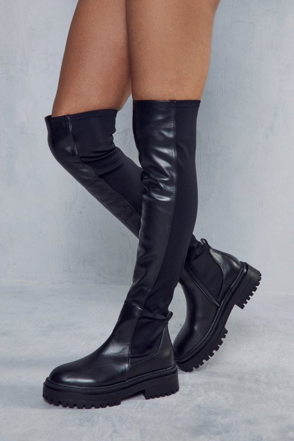 Black PU Chunky Stretch Platform Thigh Boots