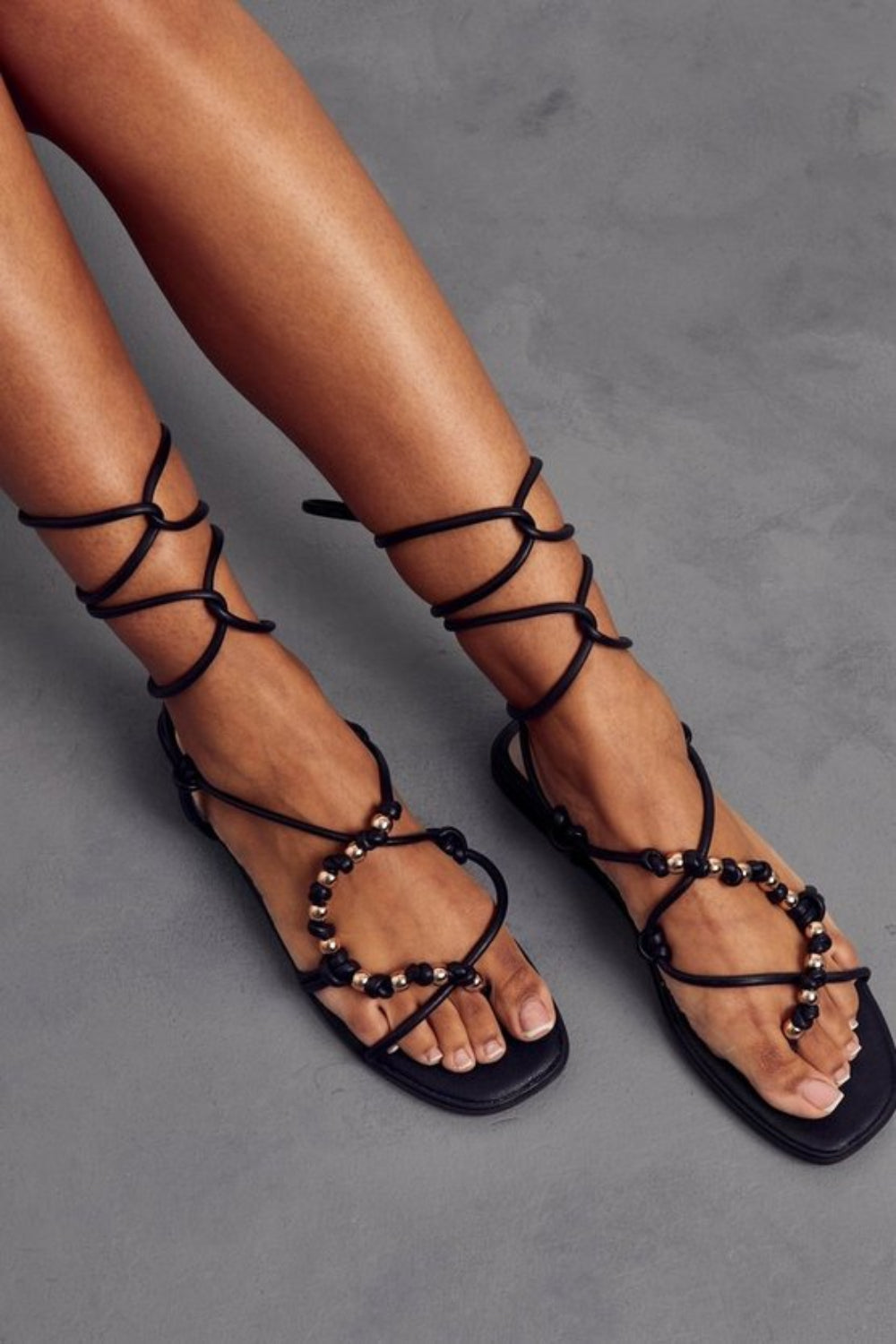 Black PU Flatform Strappy Sandal with Beads & Leg Tie