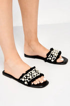 BLACK PU DIAMANTE STUDDED SLIP ON SLIDERS