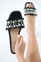 BLACK PU DIAMANTE STUDDED SLIP ON SLIDERS