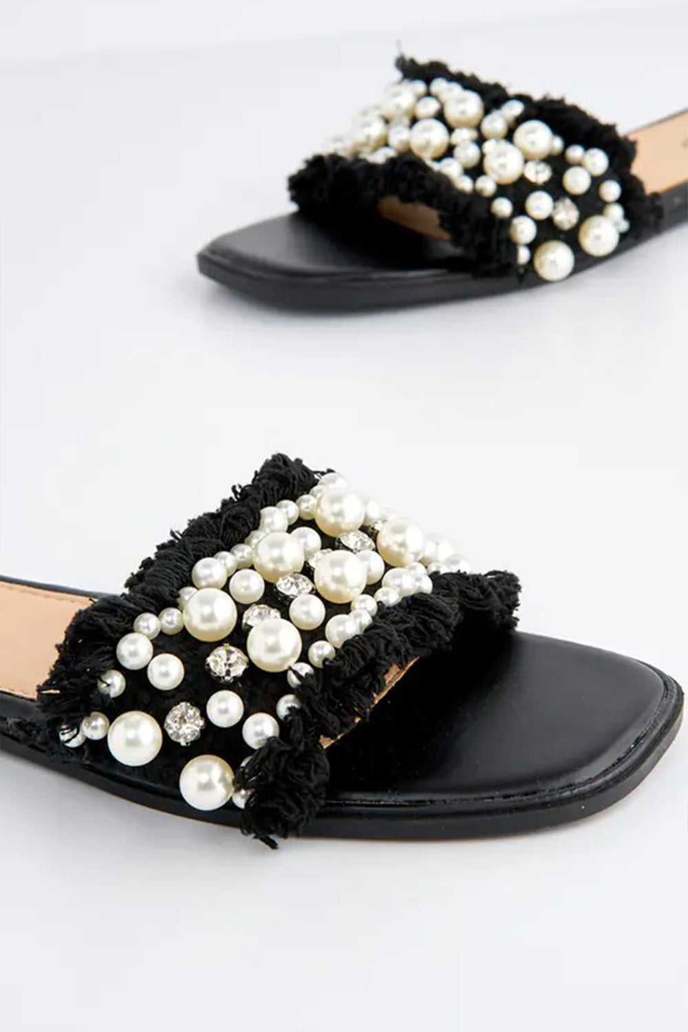 BLACK PU DIAMANTE STUDDED SLIP ON SLIDERS