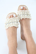 CREAM PU DIAMANTE STUDDED SLIP ON SLIDERS