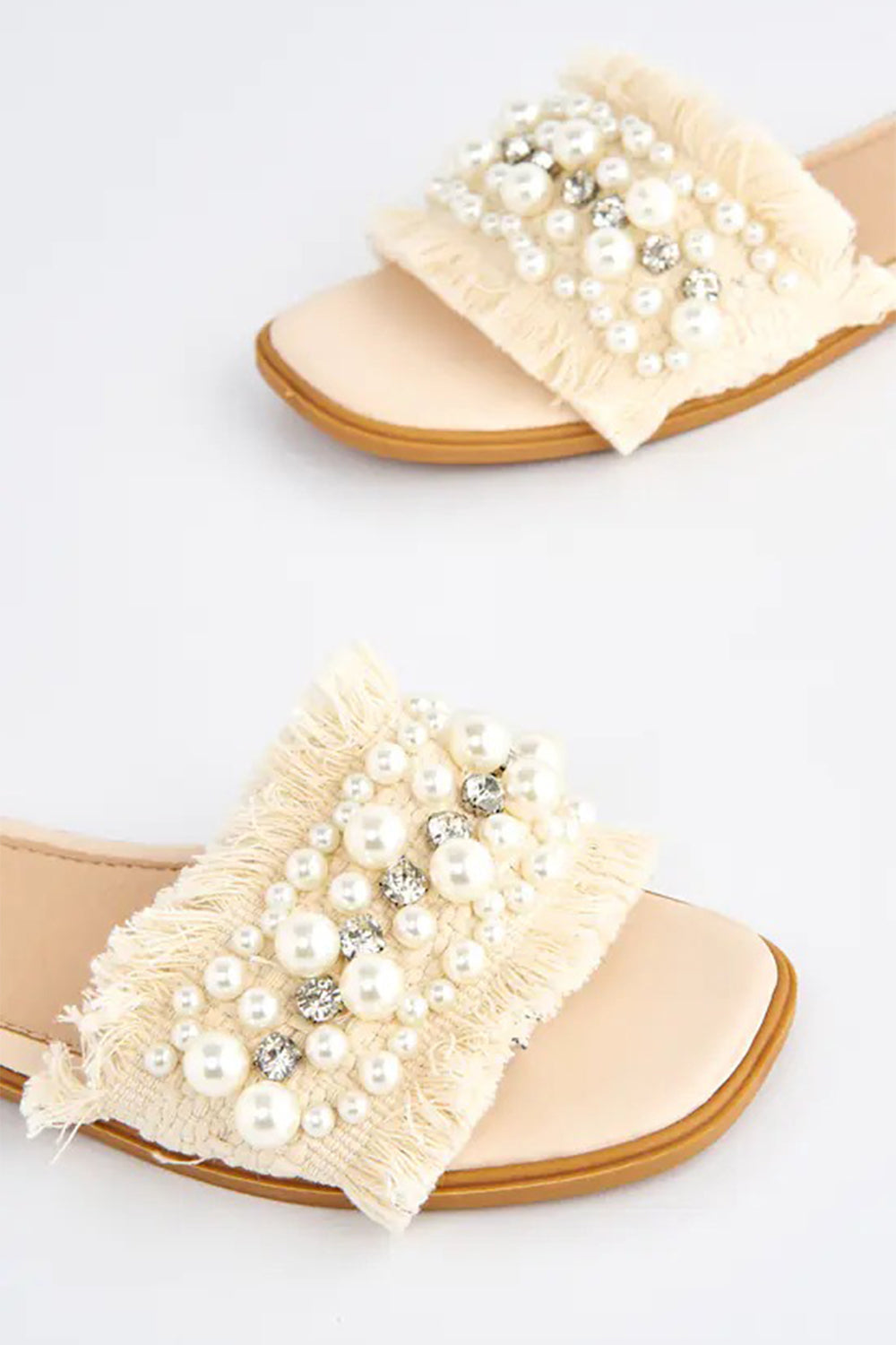 CREAM PU DIAMANTE STUDDED SLIP ON SLIDERS