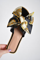 Black Patent Scarf Print Bow Slider Sandals