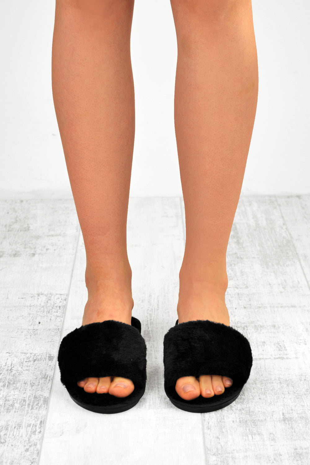 Black Faux Fur Slider Slippers
