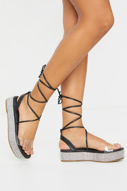 Black PU Diamante Flatform Perspex Sandals