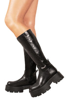 Black PU Chunky Sole Zip Up Calf High Boots