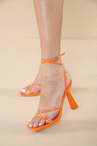 ORANGE PU BLOCK CROSS ANKLE STRAP HIGH HEELS