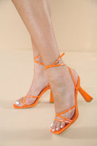 ORANGE PU BLOCK CROSS ANKLE STRAP HIGH HEELS