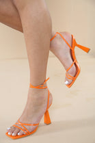 ORANGE PU BLOCK CROSS ANKLE STRAP HIGH HEELS