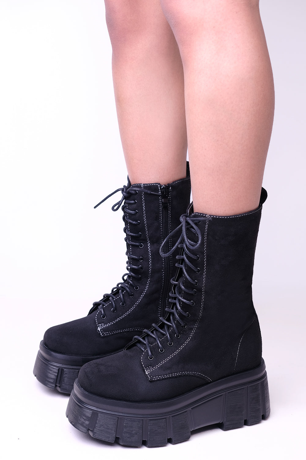 Black Suede Chunky Front Lace Up Ankle Boot