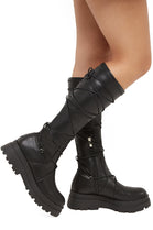 Black PU Chunky Leg Tie Lace Up Calf Boot