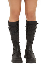 Black PU Chunky Leg Tie Lace Up Calf Boot