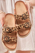 LEOPARD FLATFOM RAFFIA STRAPPY SANDAL