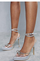 Silver Satin Pointed Toe High Heel Sandals with Diamante Bow & Ankle Strap