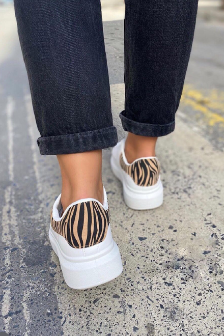 WHITE LACE UP TAB DETAIL BEIGE ZEBRA CHUNKY SNEAKERS