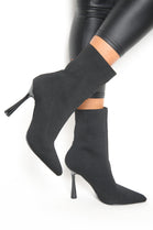 Black Knitted High Heels Mid Calf Sock Boots In Black