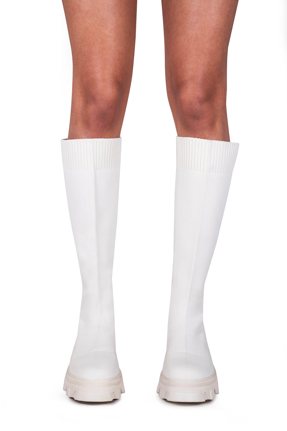 BEIGE CHUNKY SOLE CALF BOOT WITH KNITTED SOCK
