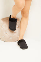 BLACK WOVEN KNITTED TEDDY FAUX FUR SLIPPERS