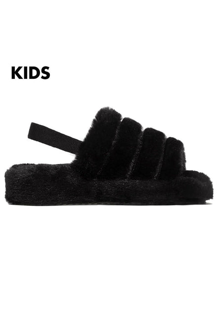 Girls Black Fluffy Mule Elastic Strap Slippers