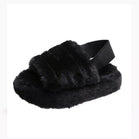 Girls Black Fluffy Mule Elastic Strap Slippers