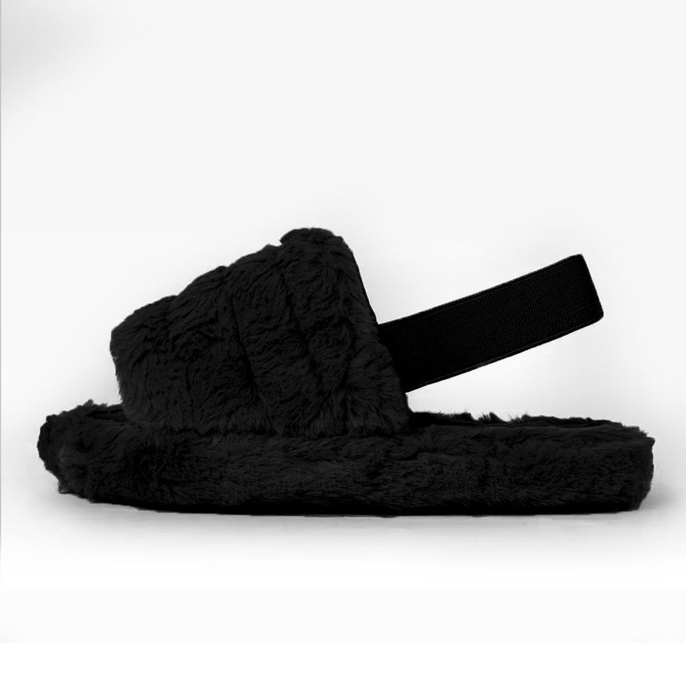 Girls Black Fluffy Mule Elastic Strap Slippers